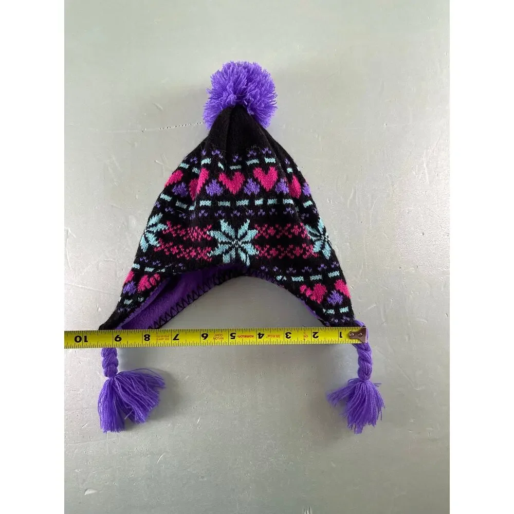 Girls Youth Trapper Hat Black Pink Hearts Snowflake Purple Braided Strap Pom Pom